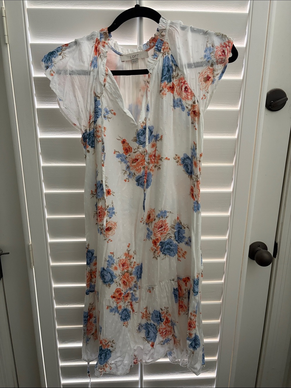 LOFT Size XS White Floral Midi Dress with Blue and Coral Blooms